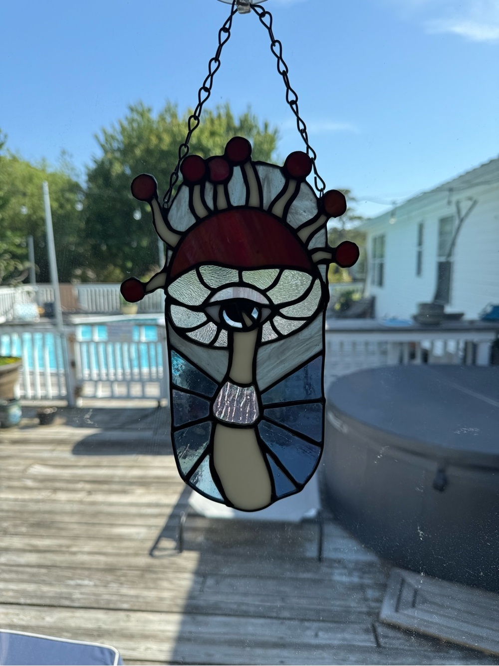 Handmade Blue and Red Stained Glass Sun and Eye Hanging Art